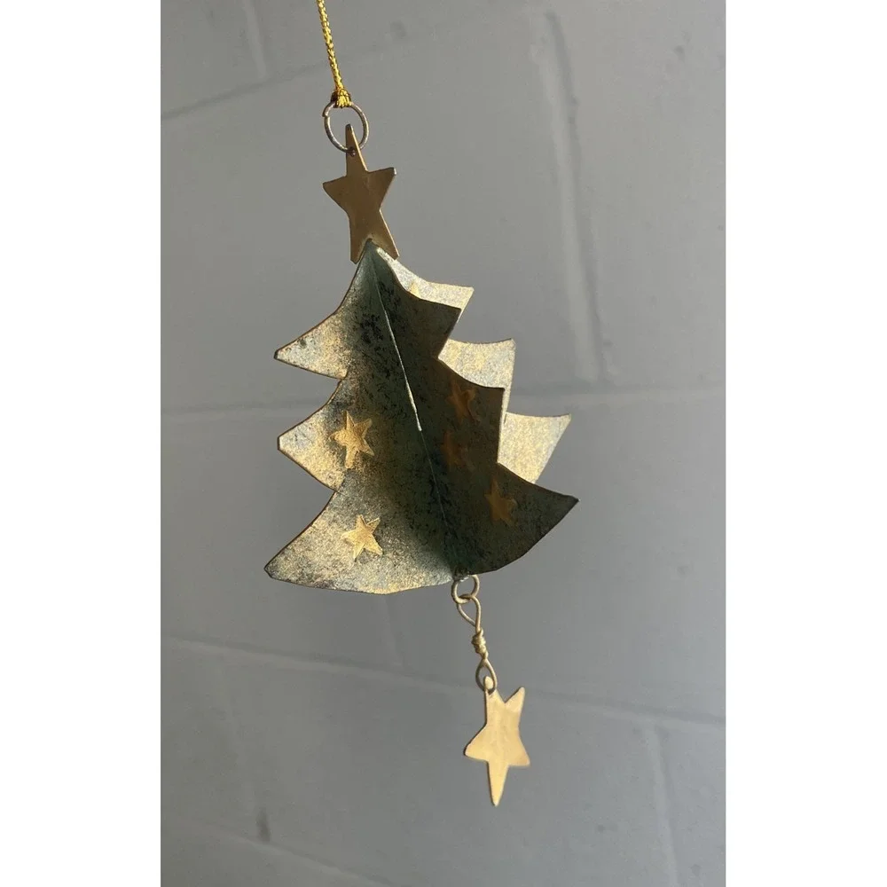 Vintage Metal‎ Christmas Tree Ornament Dangling Star Rustic Bronze Gold 6 Inches